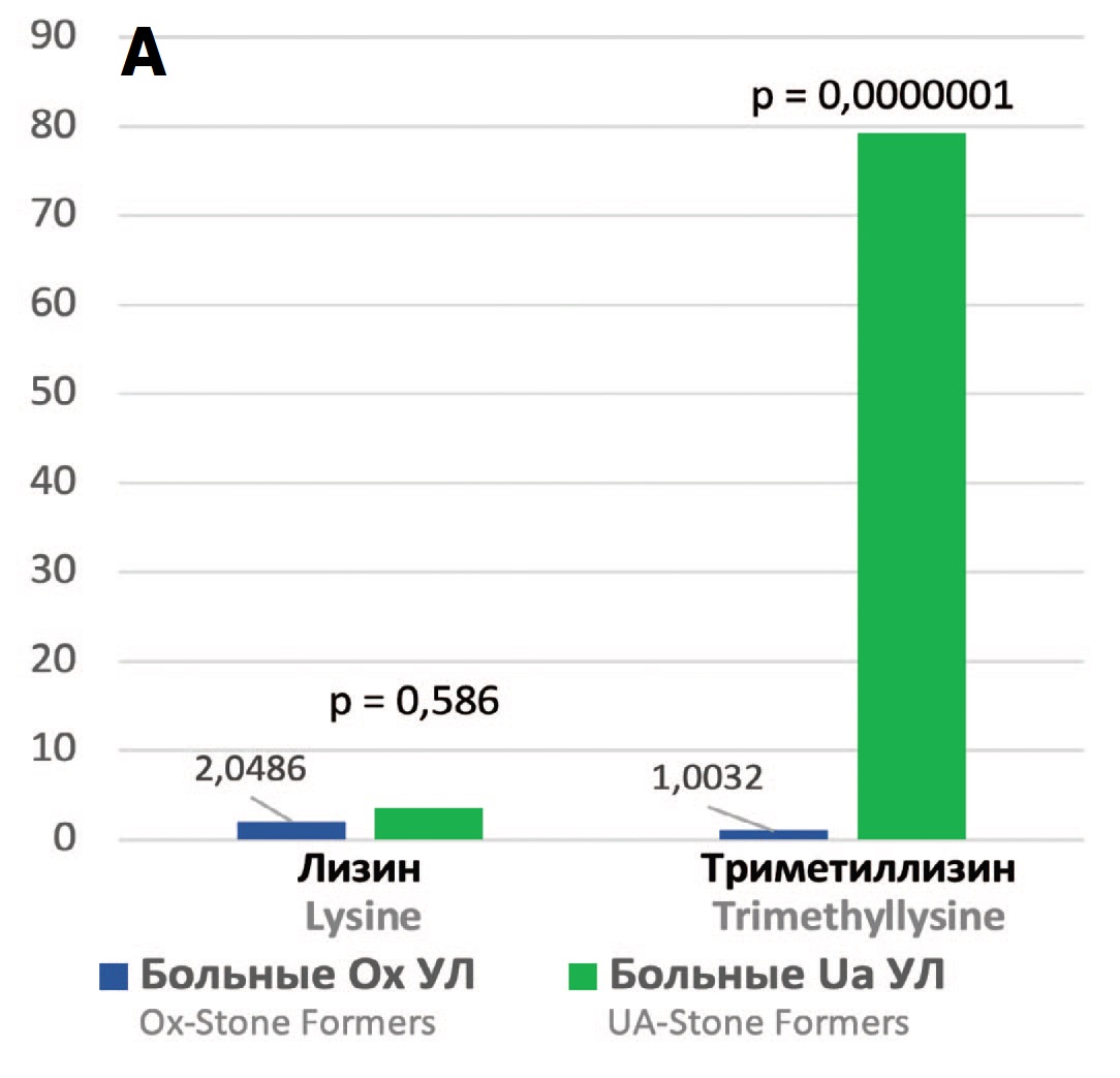 Сравнение экскреции изучаемых веществ с мочой (в мг/мМ креатинина мочи) у пациентов с оксалатным (Ох-УЛ) и мочекислым уролитиазом (Ua-УЛ)