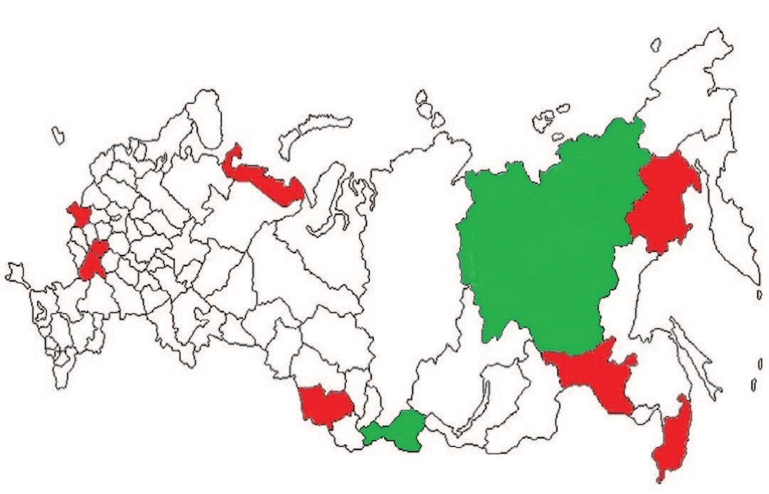 Распространенность МКБ в 2019 году: красным цветом выделены регионы с распространенностью МКБ >800 человек на 100000 населения