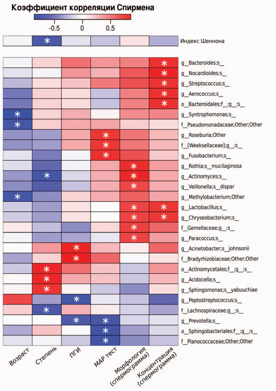 Тепловая карта коэффициентов корреляции Спирмена на основе анализа микробиоты яичка